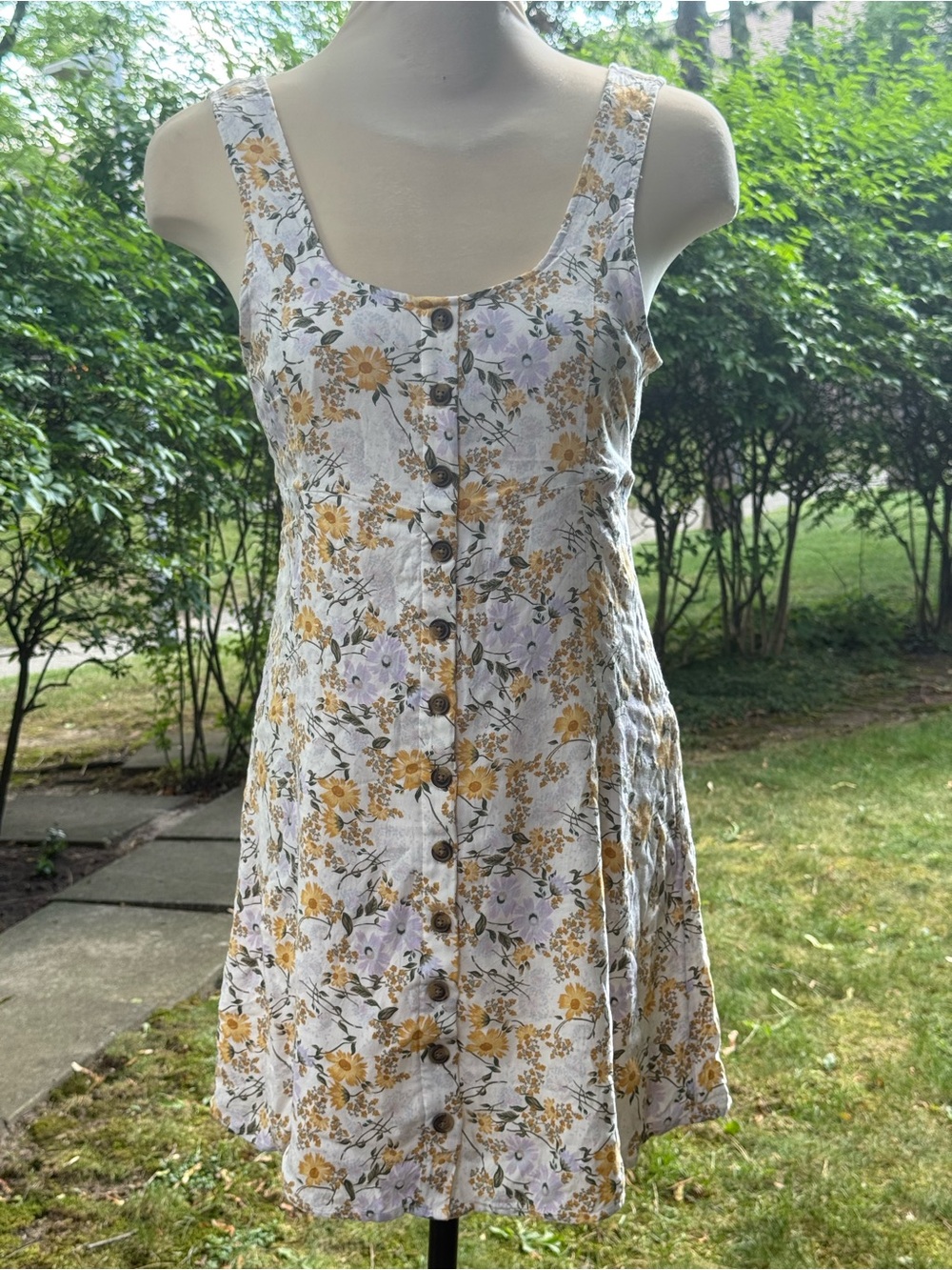 American Eagle Outfitters Cream Floral Button-Front Mini Dress